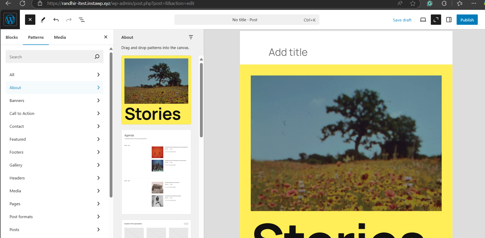 Click on a pattern to insert it into your content. For instance, we just drag and drop Story block patterns on the page.
