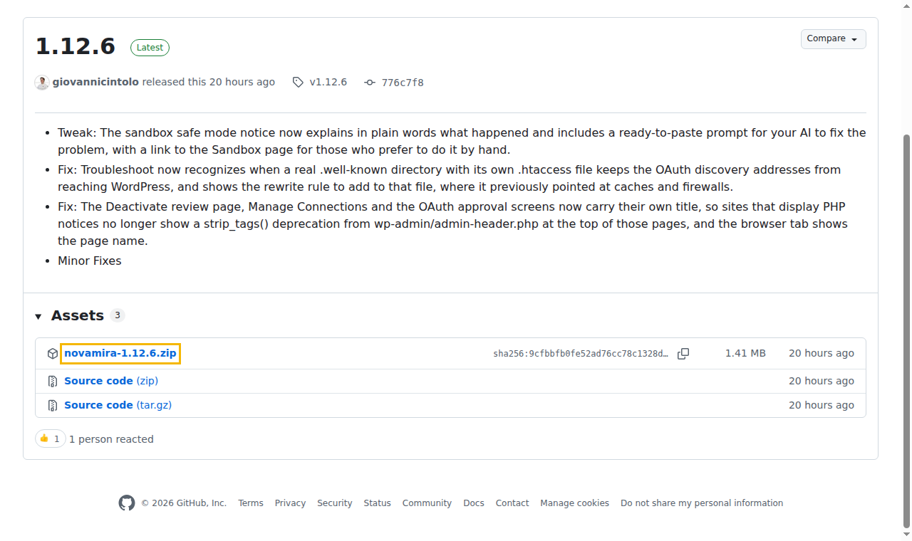 Novamira 1.12.6 release on GitHub with the novamira-1.12.6.zip download highlighted