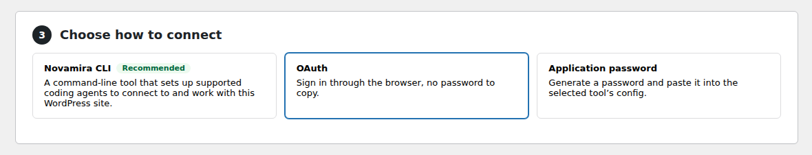Novamira setup step 3: choose how to connect, with Novamira CLI, OAuth and Application password options