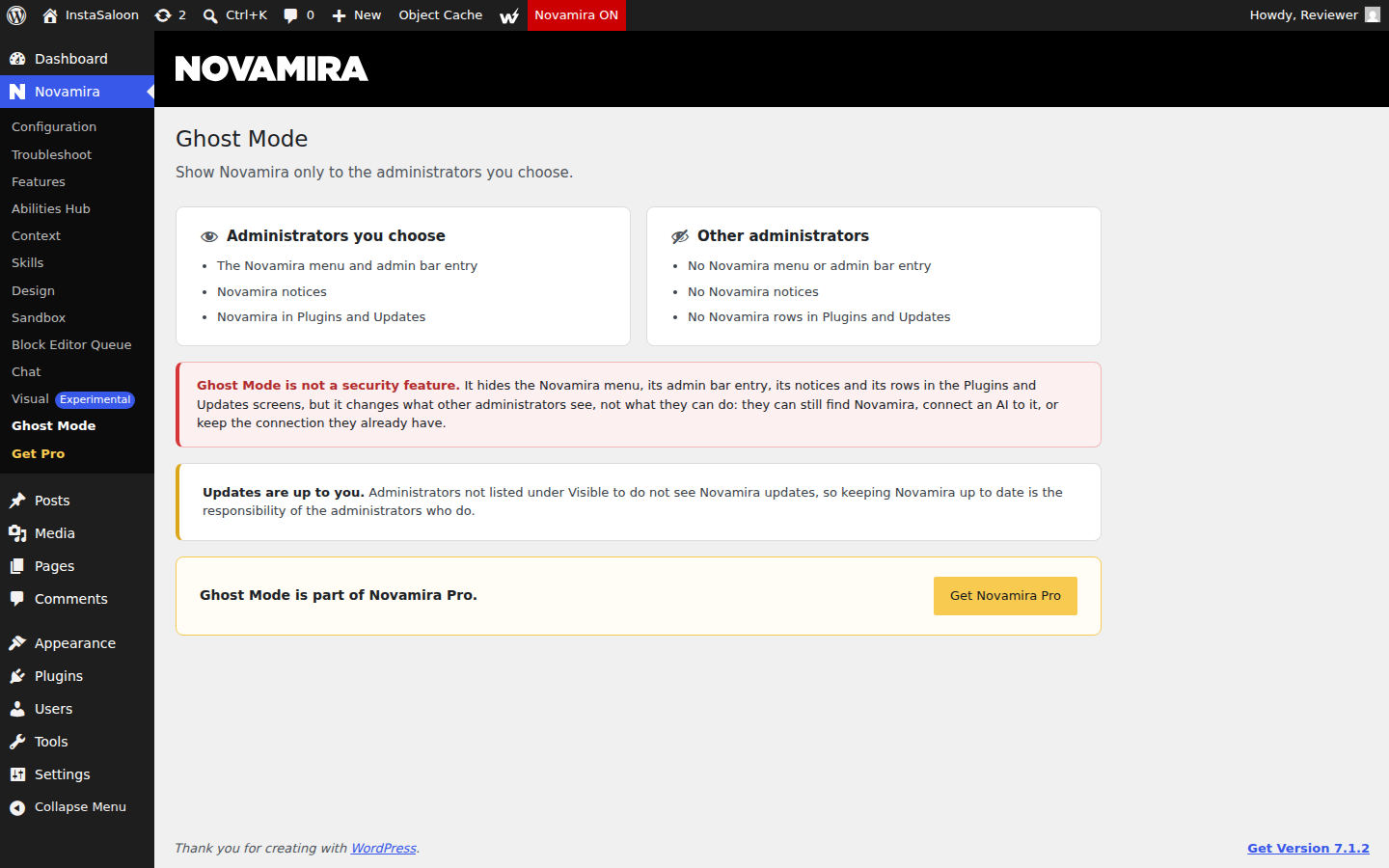 Novamira Ghost Mode screen stating that Ghost Mode is not a security feature and is part of Novamira Pro