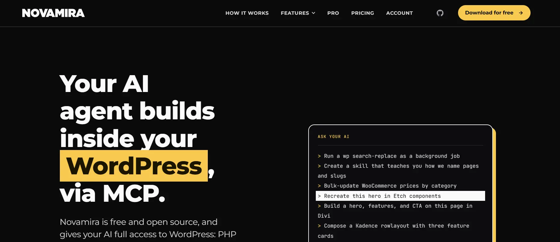 Novamira homepage at novamira.ai: Your AI agent builds inside your WordPress, via MCP