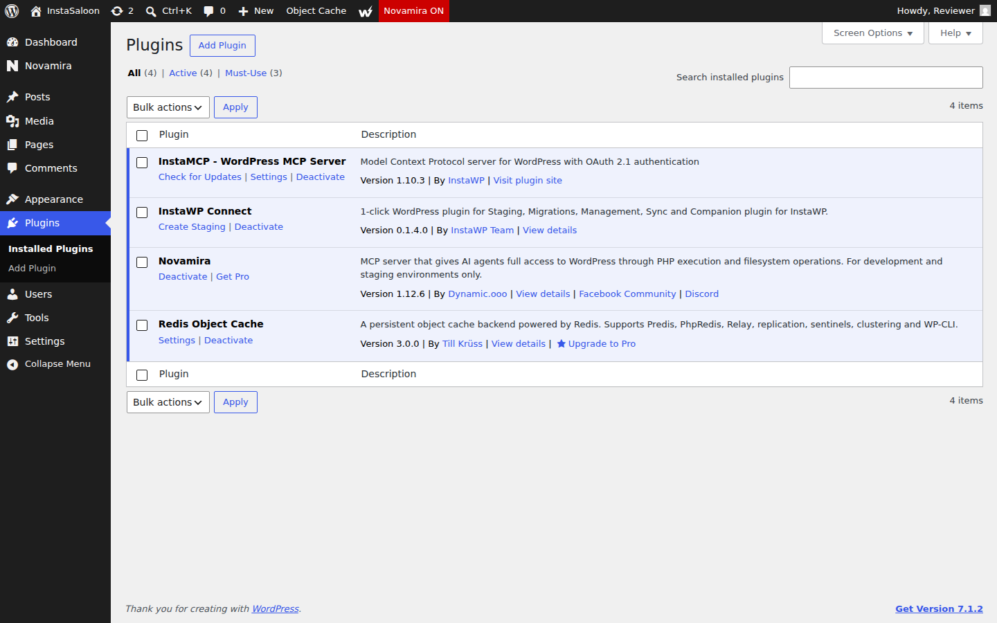 WordPress Plugins screen with Novamira 1.12.6 activated and the Novamira menu in wp-admin