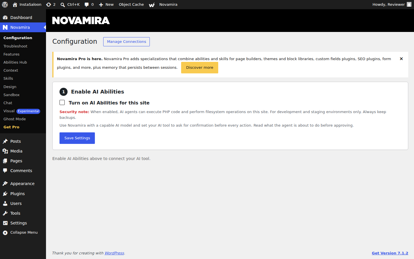 Novamira plugin Configuration screen in WordPress admin with AI Abilities switched off after activation