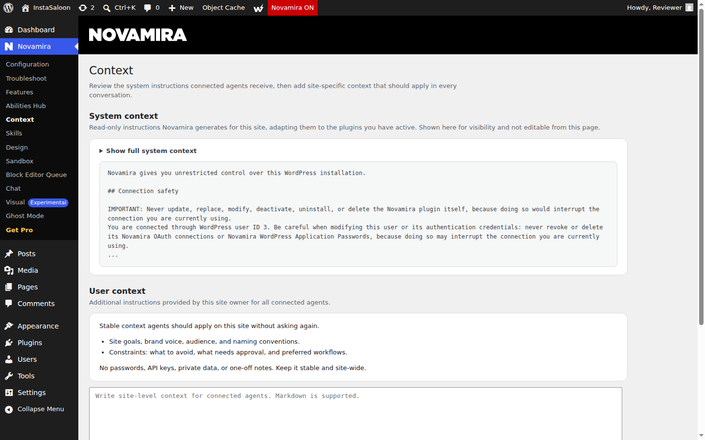 Novamira Context screen showing the system instruction: Novamira gives you unrestricted control over this WordPress installation