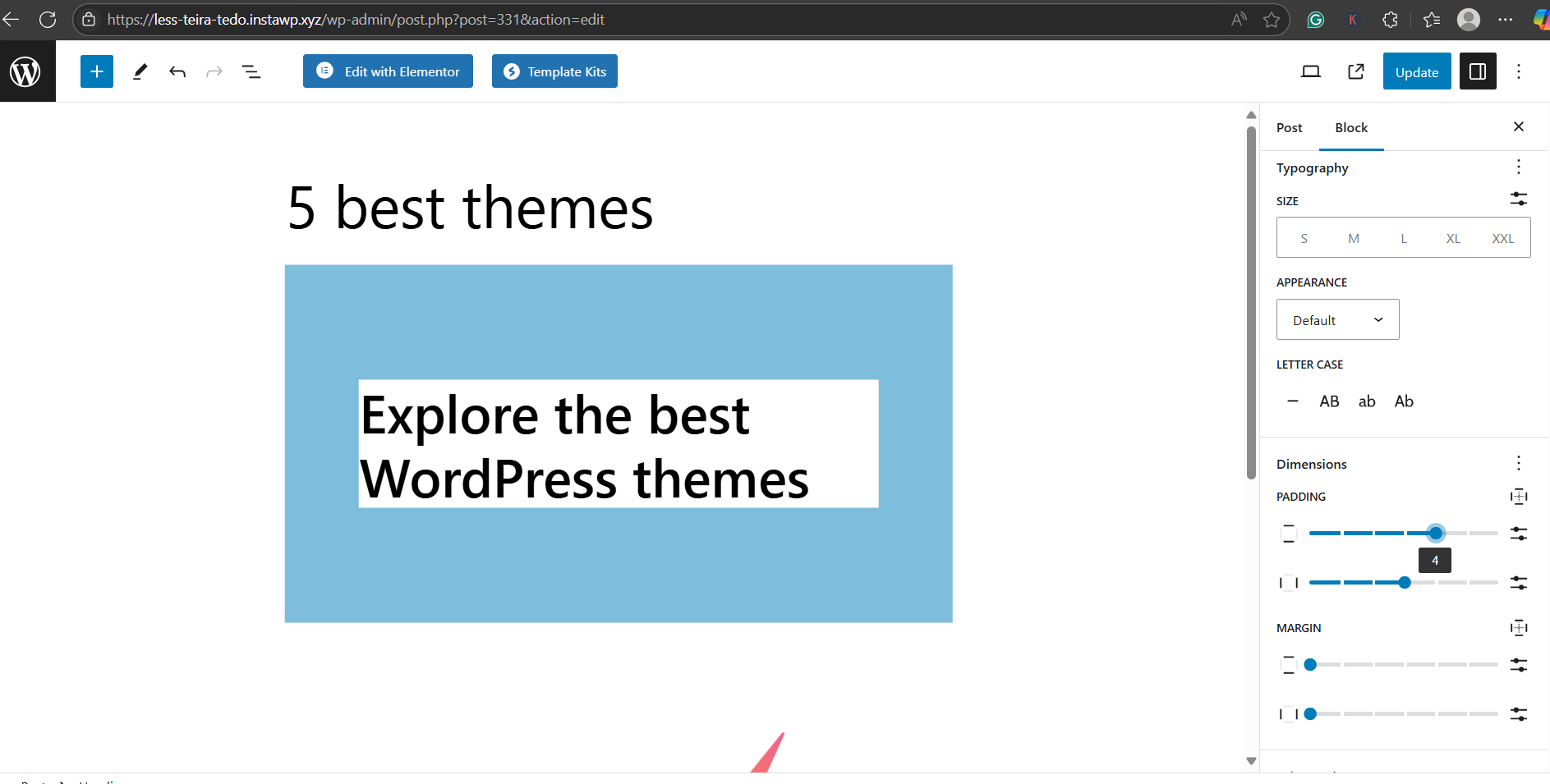 How to Add Padding in WordPress Block Editor (Step-by-Step): screenshot from the guide Padding vs Margin in WordPress: What’s the Real Difference