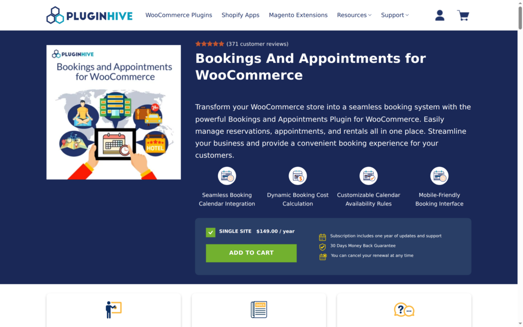 The PluginHive Bookings and Appointments for WooCommerce product page, showing its booking calendar and pricing features