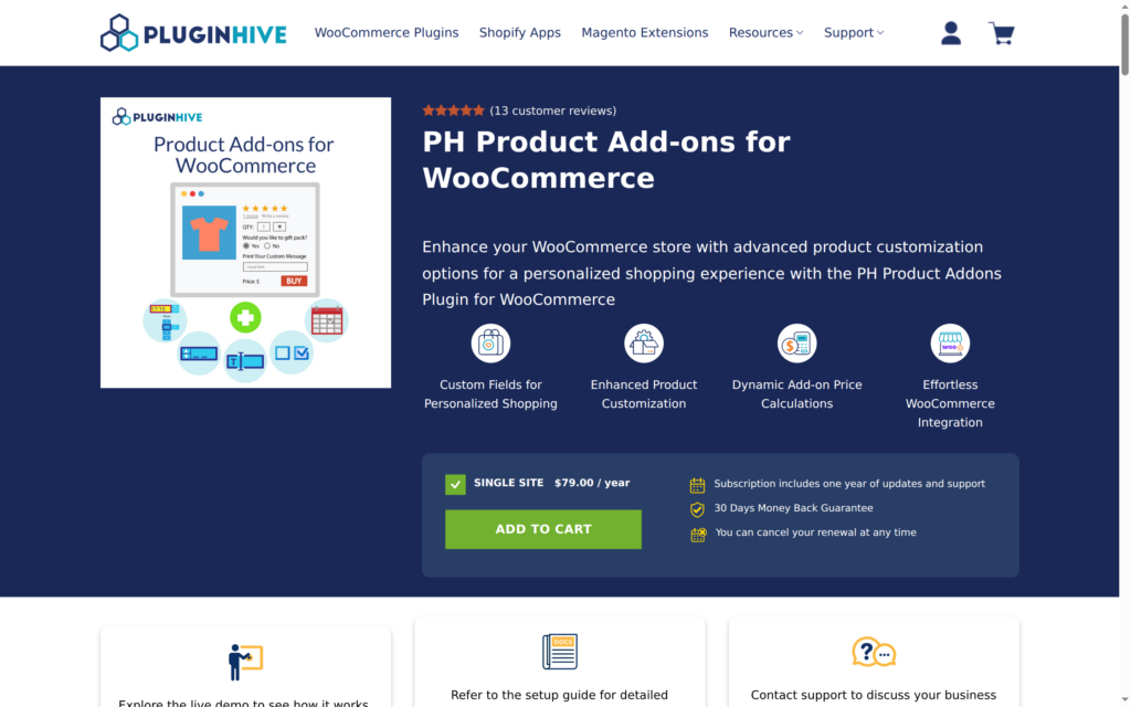 The PH Product Add-ons for WooCommerce product page by PluginHive