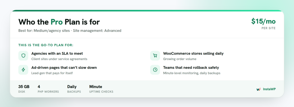 Who the InstaWP Pro Plan is for: agencies with an SLA to meet, WooCommerce stores selling daily, ad-driven pages that cannot slow down, and teams that need rollback safety