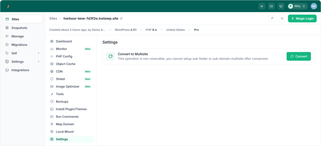The InstaWP dashboard with a site open on its Settings tab, showing the Convert to Multisite option