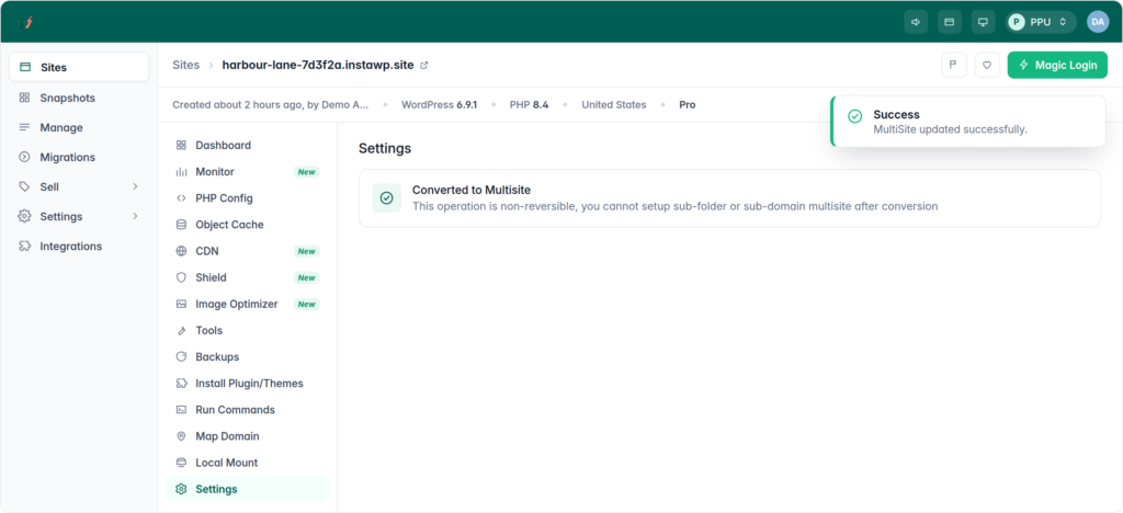 The InstaWP dashboard confirming MultiSite updated successfully, with the setting now reading Converted to Multisite