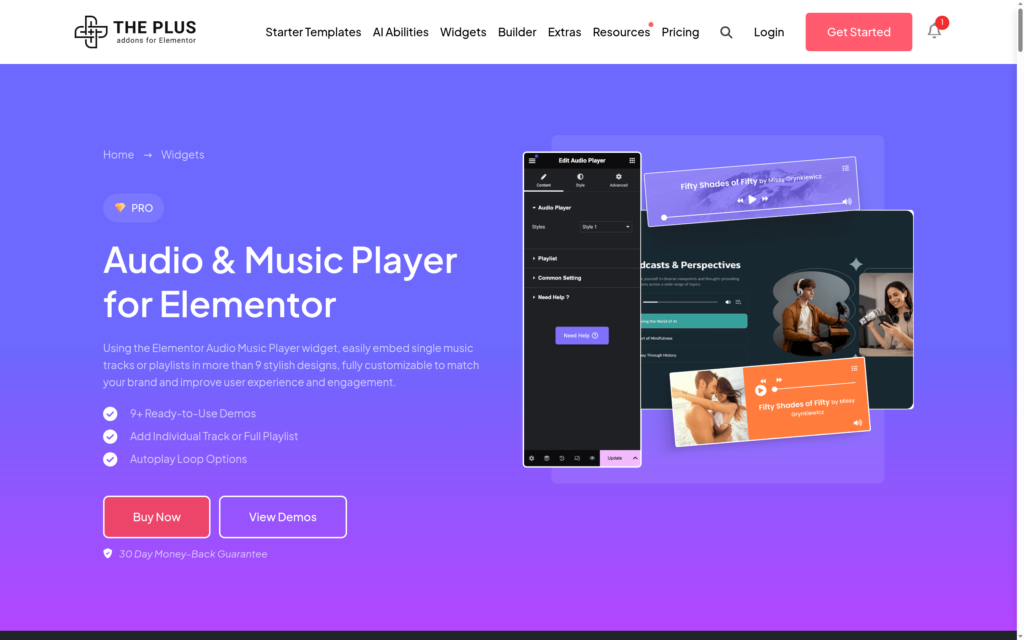 The Audio and Music Player widget for Elementor by The Plus Addons