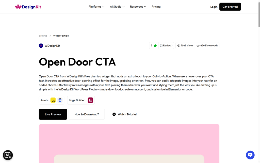 The Open Door CTA widget page on WDesignKit