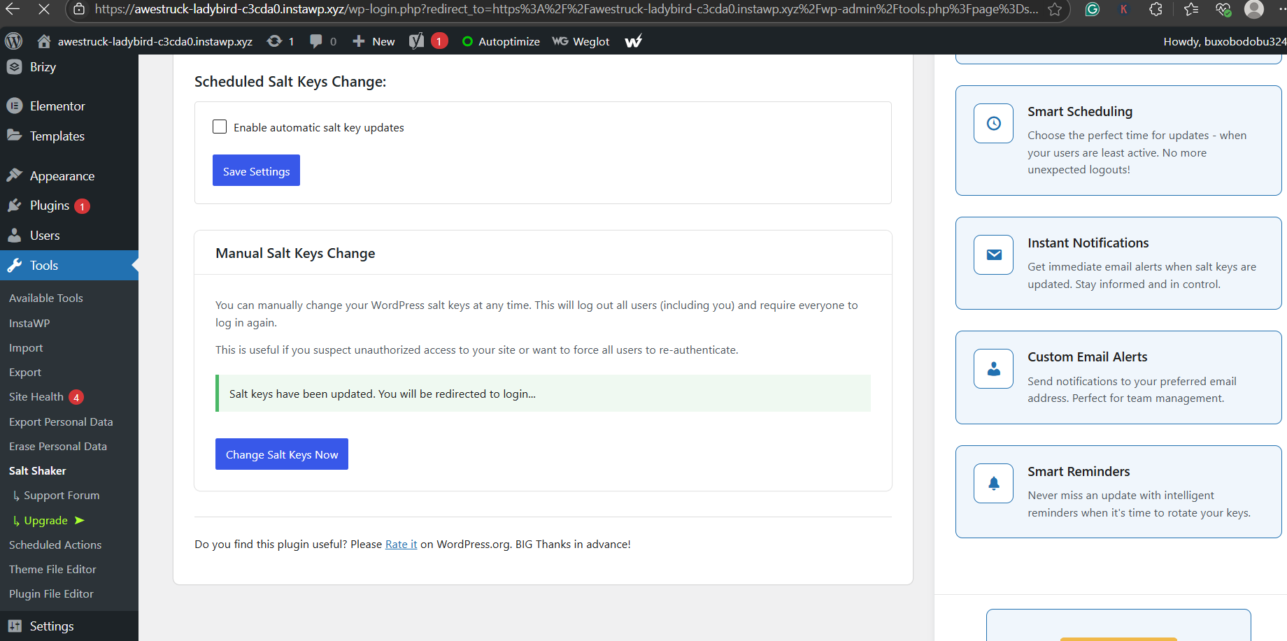 You’ll see two options: screenshot from the guide What Are WordPress Salts and How They Protect Sites (screen 2 of 2)