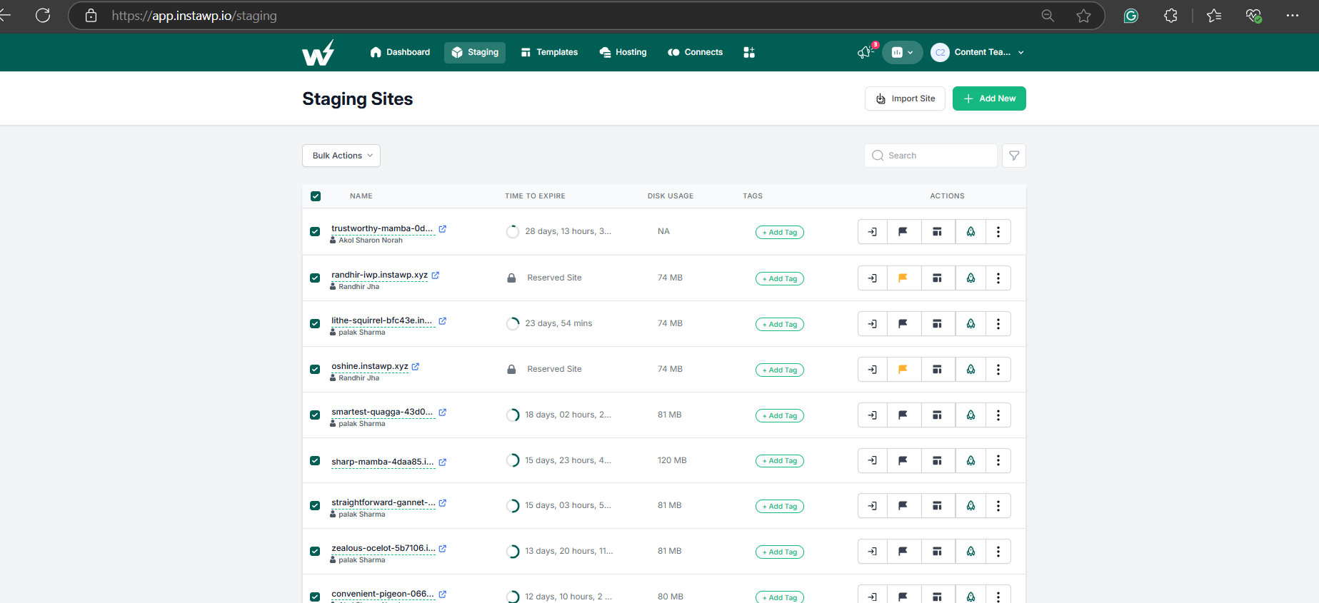 Select the bulk actions on multiple sites and run commands to manage multiple sites from one dashboard.