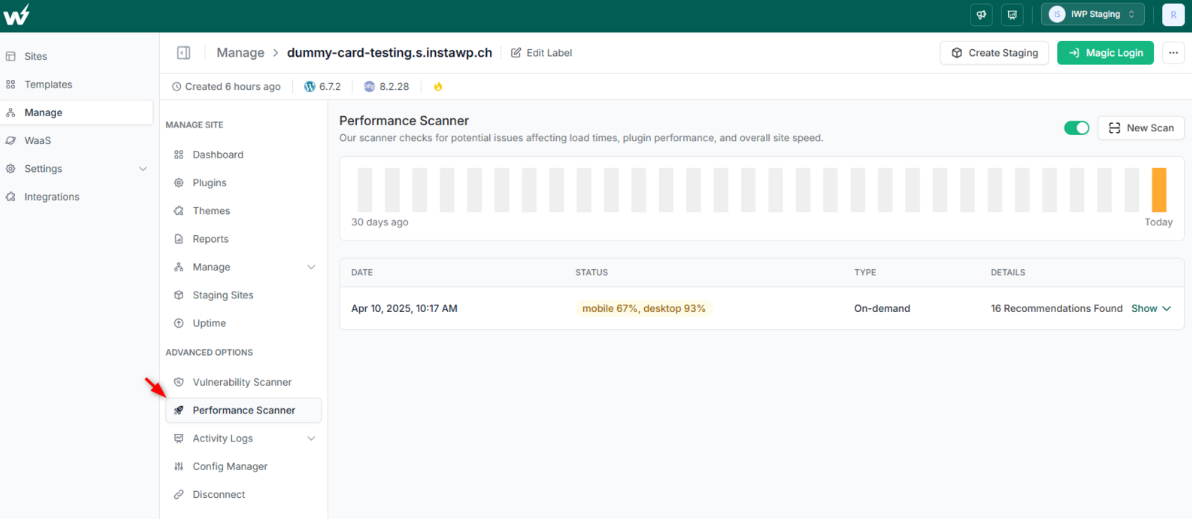 How to Use: Select the Site, click on Performance Scanner, and run a full scan