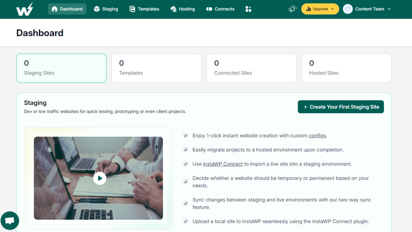 InstaWP Staging site dashboard 