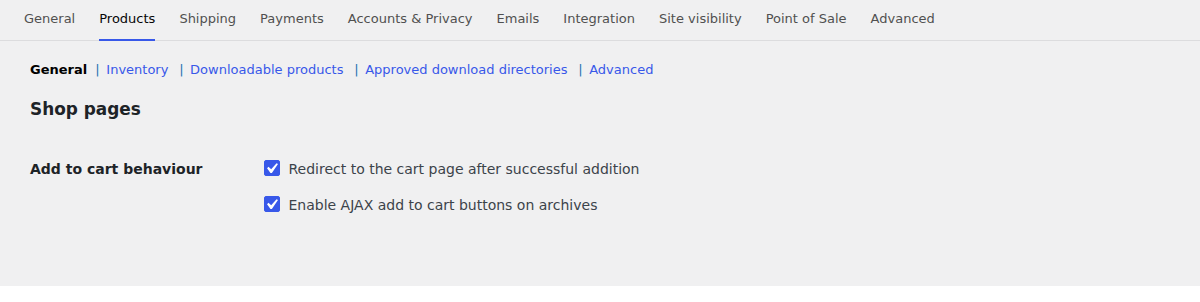 WooCommerce Products settings with redirect to the checkout page after successful addition enabled