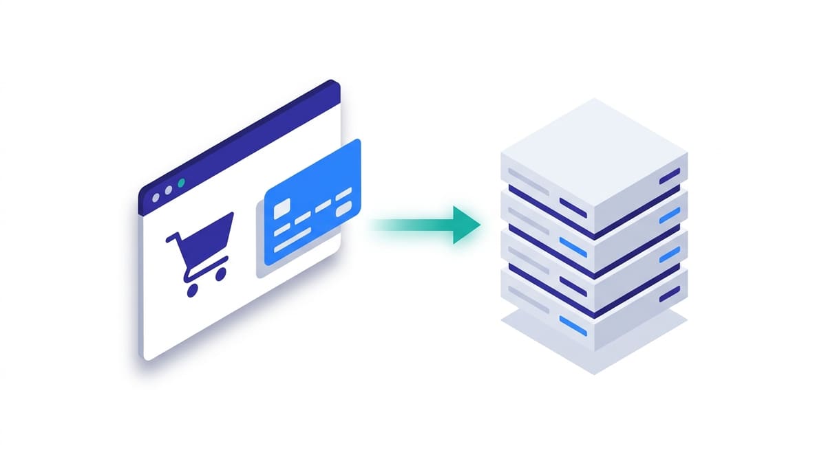 WooCommerce checkout request travelling from the browser to the origin server where PHP and the database build the page