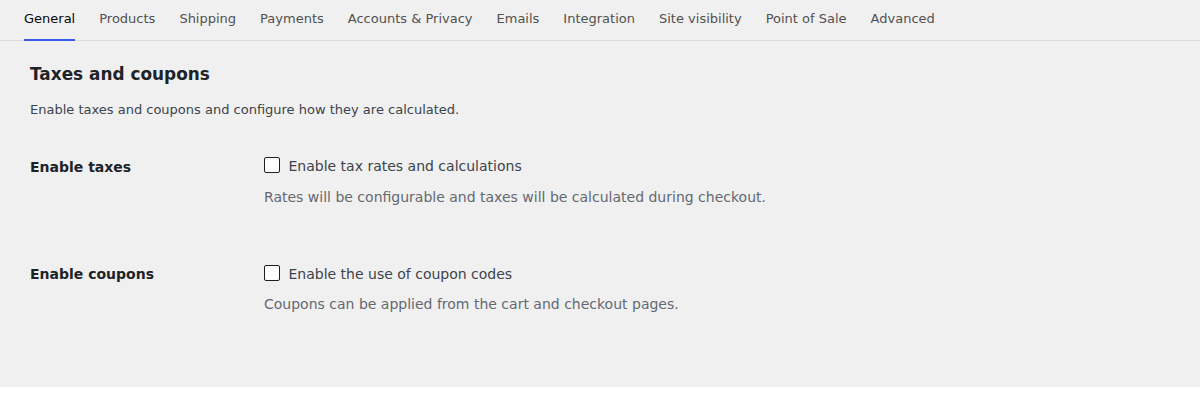 WooCommerce General settings with the enable coupon codes checkbox unticked