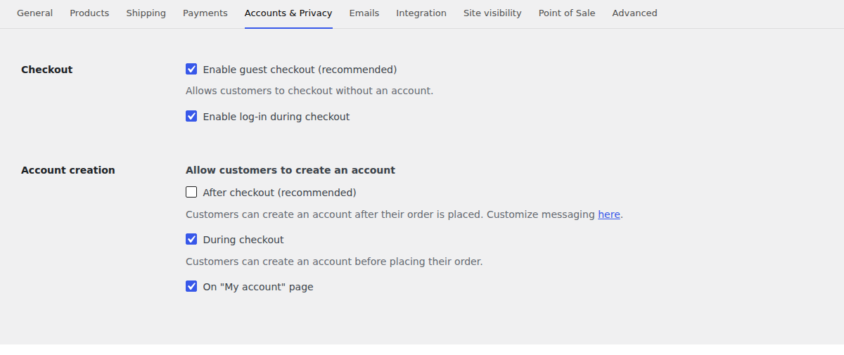 WooCommerce Accounts and Privacy settings with the enable guest checkout checkbox ticked