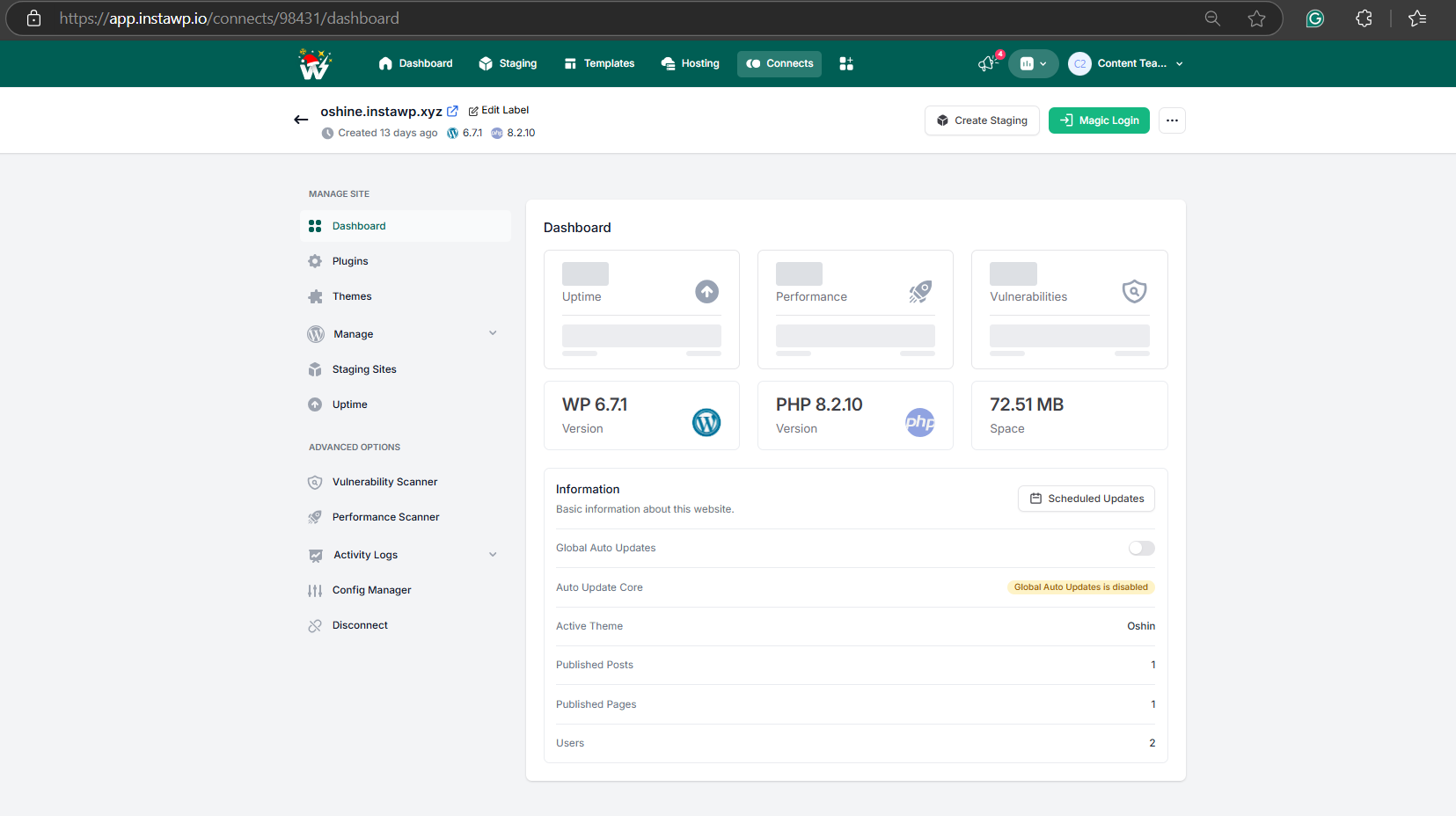 Method 1: Manage WordPress Automatic Updates Through Site Management, step from the guide WordPress Automatic Updates (step 2 of 5)