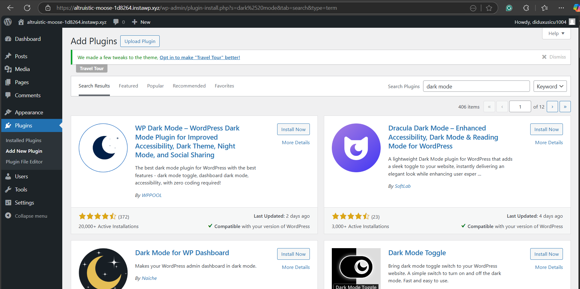 From your WordPress dashboard, navigate to Plugins > Add New to add WordPress dark mode using a plugin.
