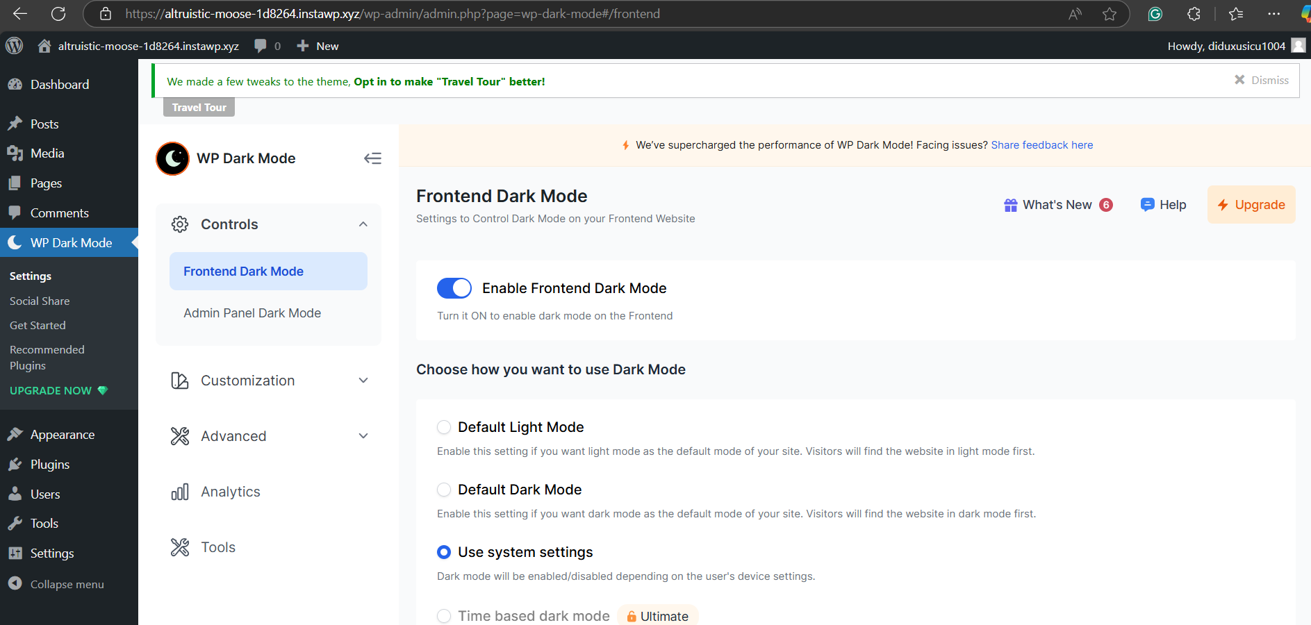 Toggle on the option to enable dark mode on your site to add WordPress dark mode using a plugin.