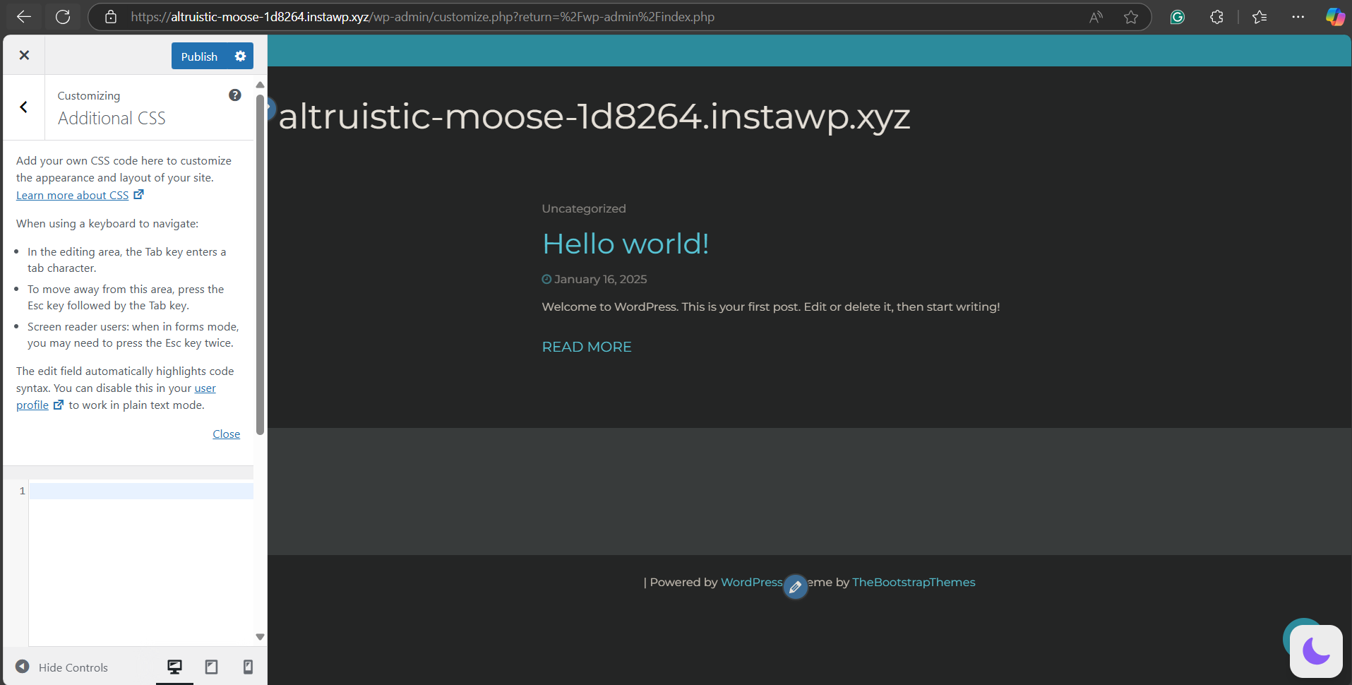 Navigate to Additional CSS and paste the CSS code to add WordPress dark mode using custom CSS.