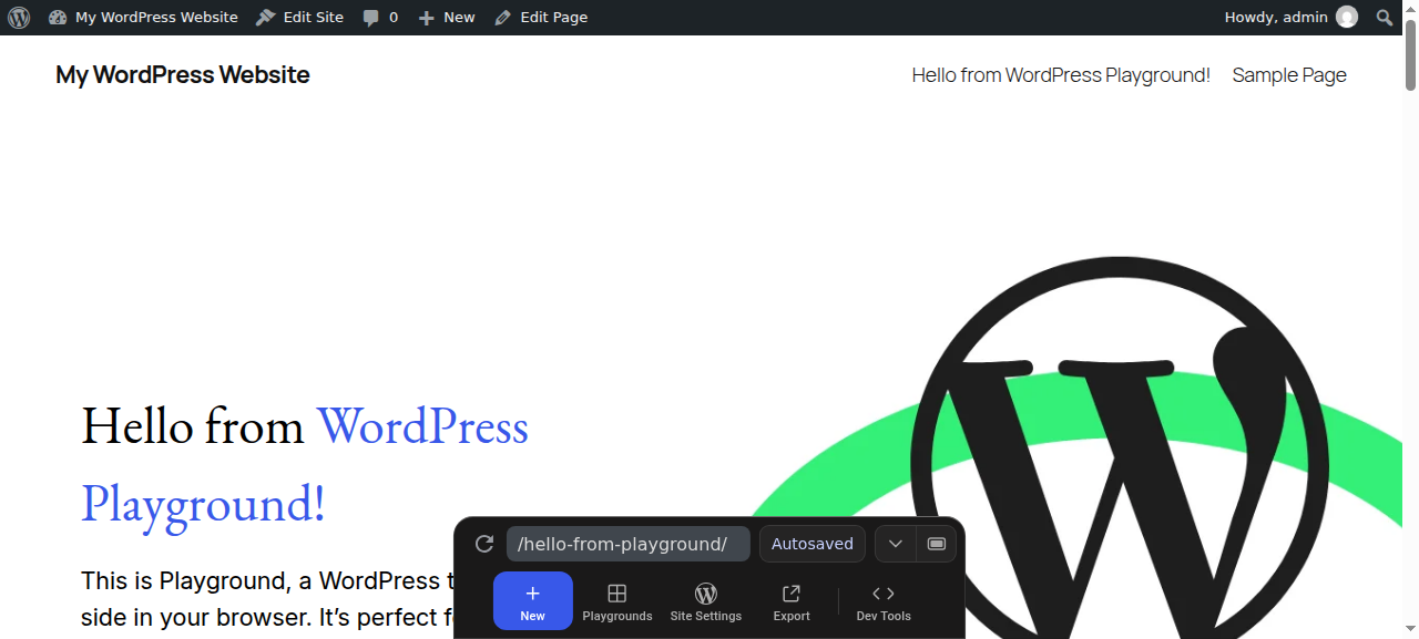 WordPress Playground in September 2026, with the bottom dock showing the Autosaved status and the New, Playgrounds, Site Settings, Export and Dev Tools buttons