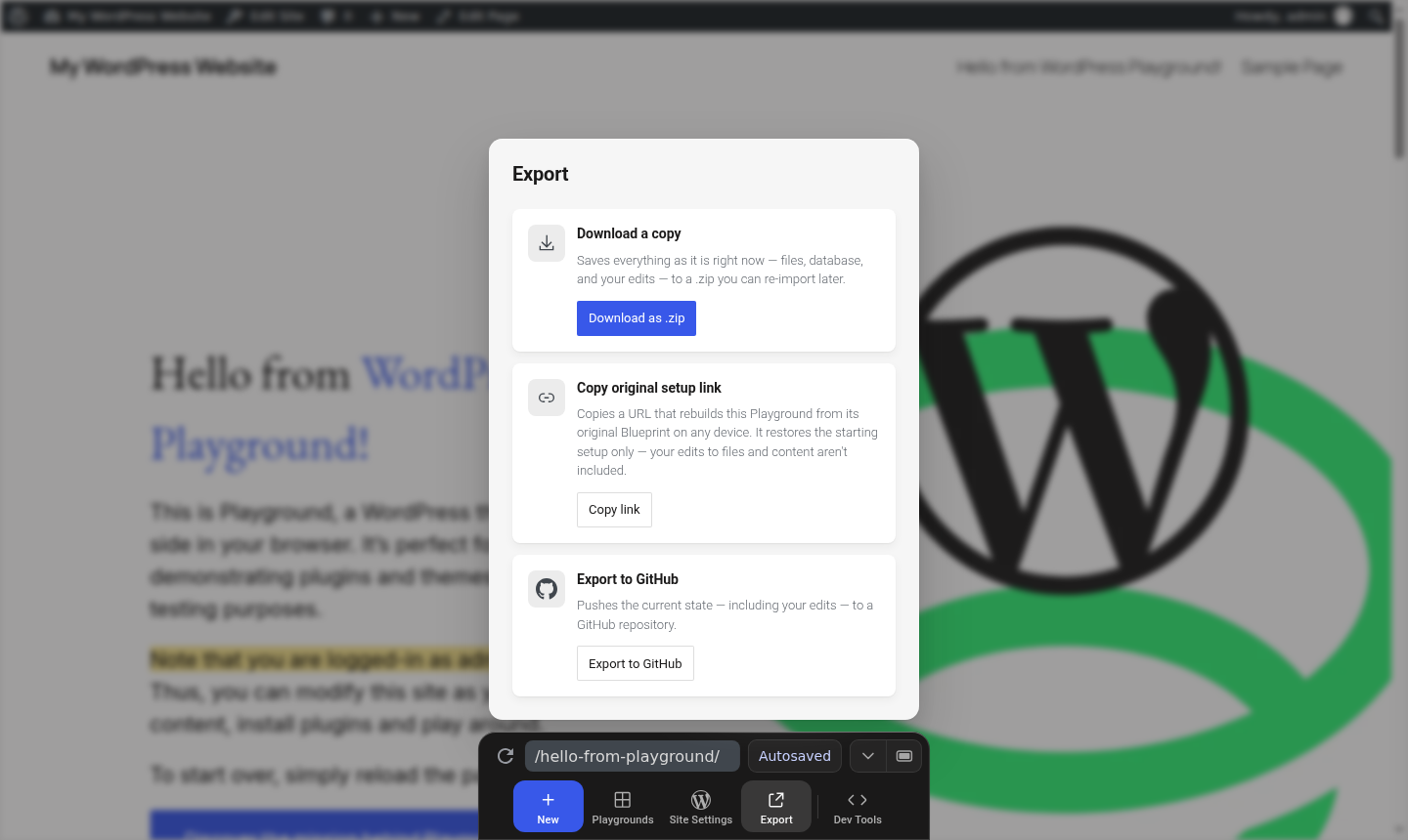 WordPress Playground Export panel with Download as .zip, Copy original setup link and Export to GitHub options