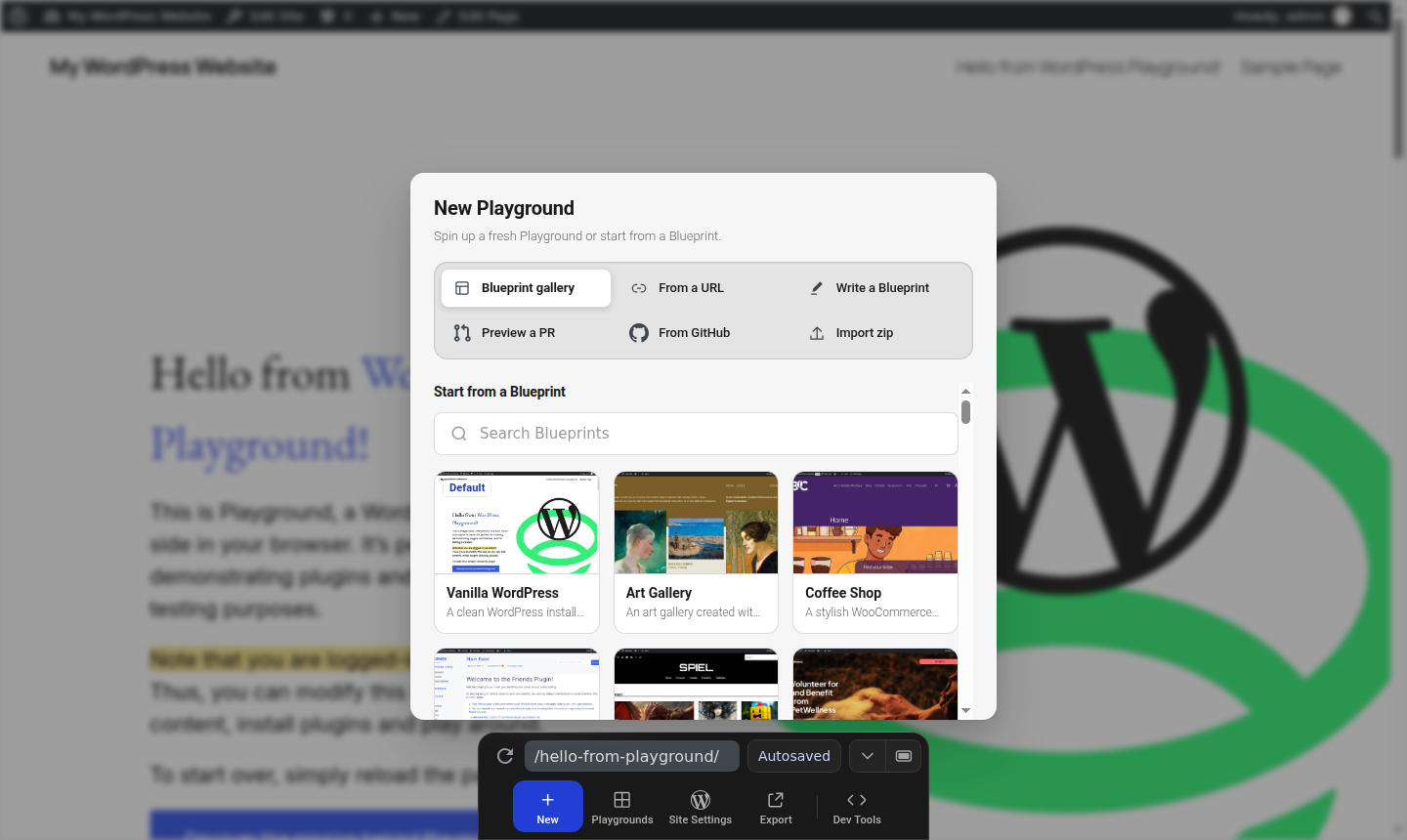 WordPress Playground New Playground pane with tabs for Blueprint gallery, From a URL, Write a Blueprint, Preview a PR, From GitHub and Import zip, above ready-made Blueprints such as Vanilla WordPress, Art Gallery and Coffee Shop