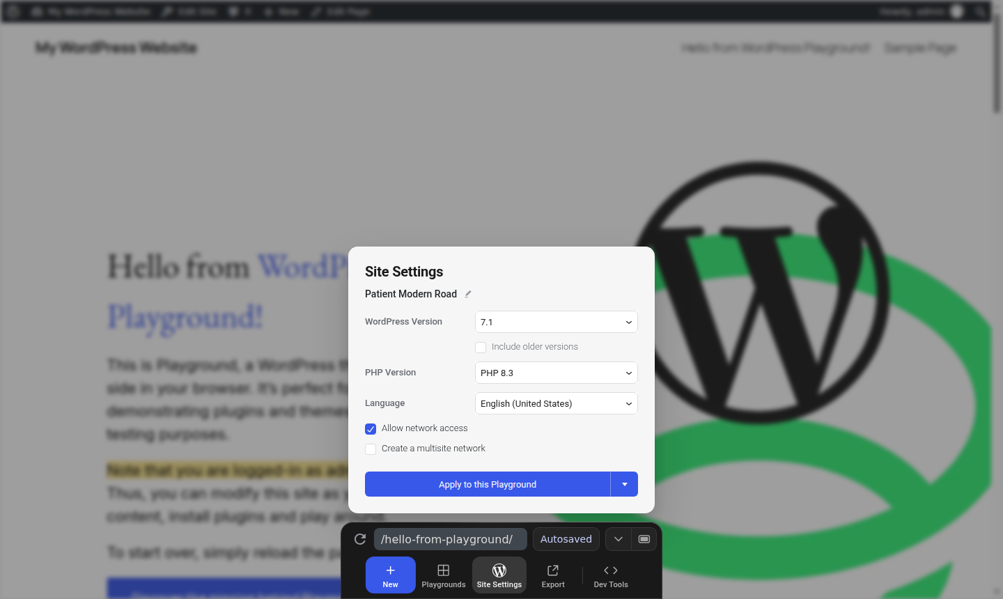 WordPress Playground Site Settings panel showing WordPress 7.1, PHP 8.3, language, network access and the multisite option