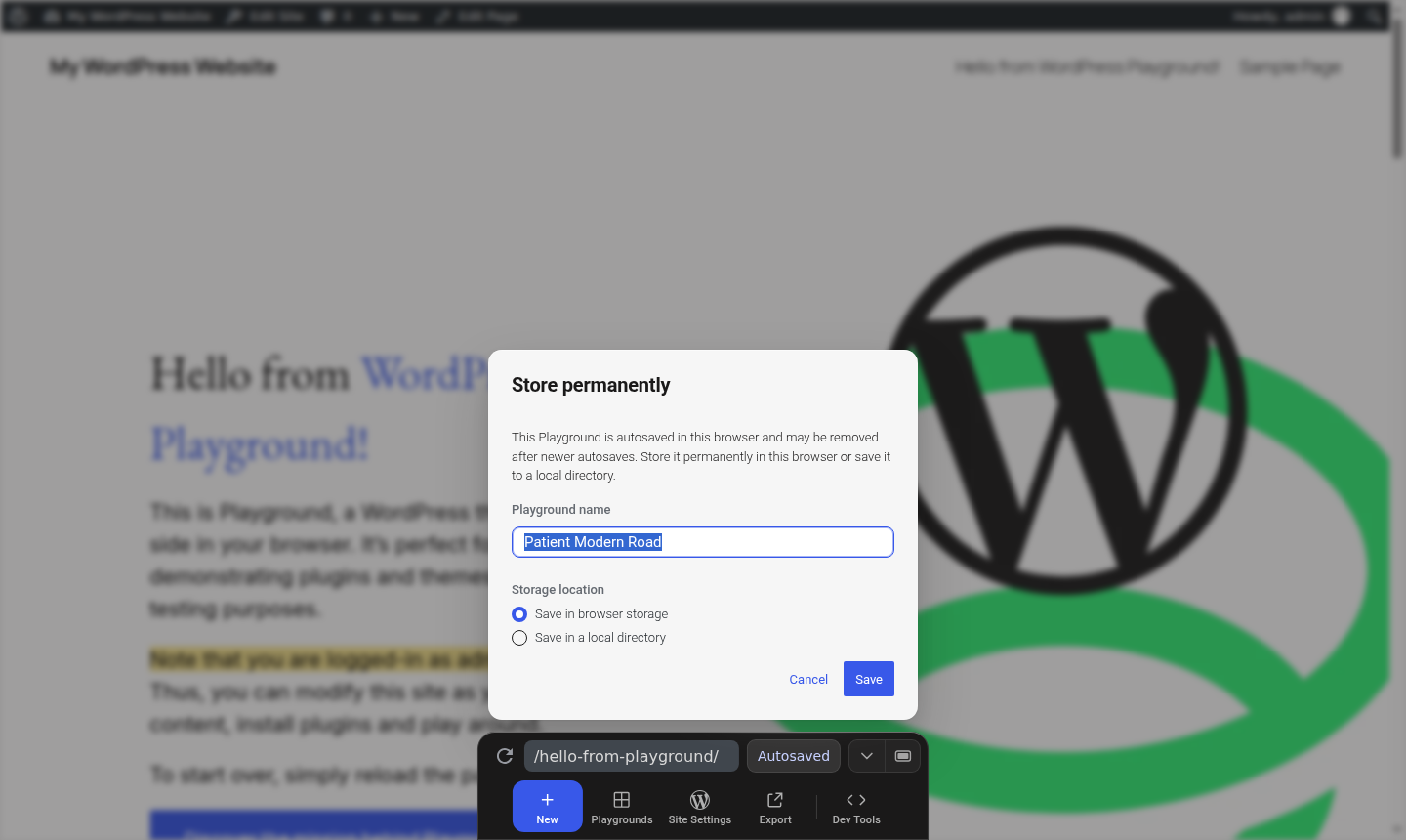 WordPress Playground Store permanently dialog with options to save in browser storage or save in a local directory