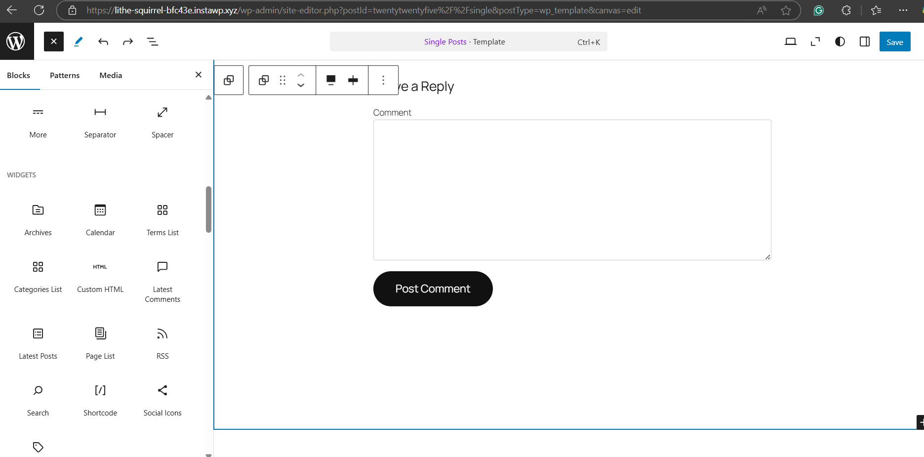 Click on the + sign to add RSS Feed in WordPress