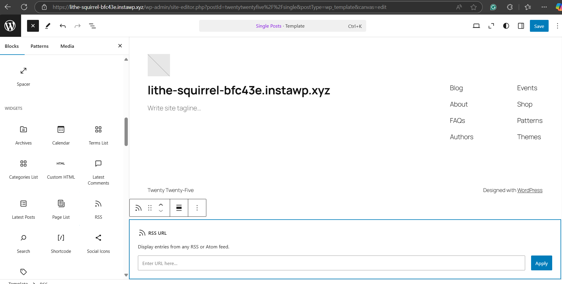 Add the URL of the site and click on Apply to add RSS Feed in WordPress