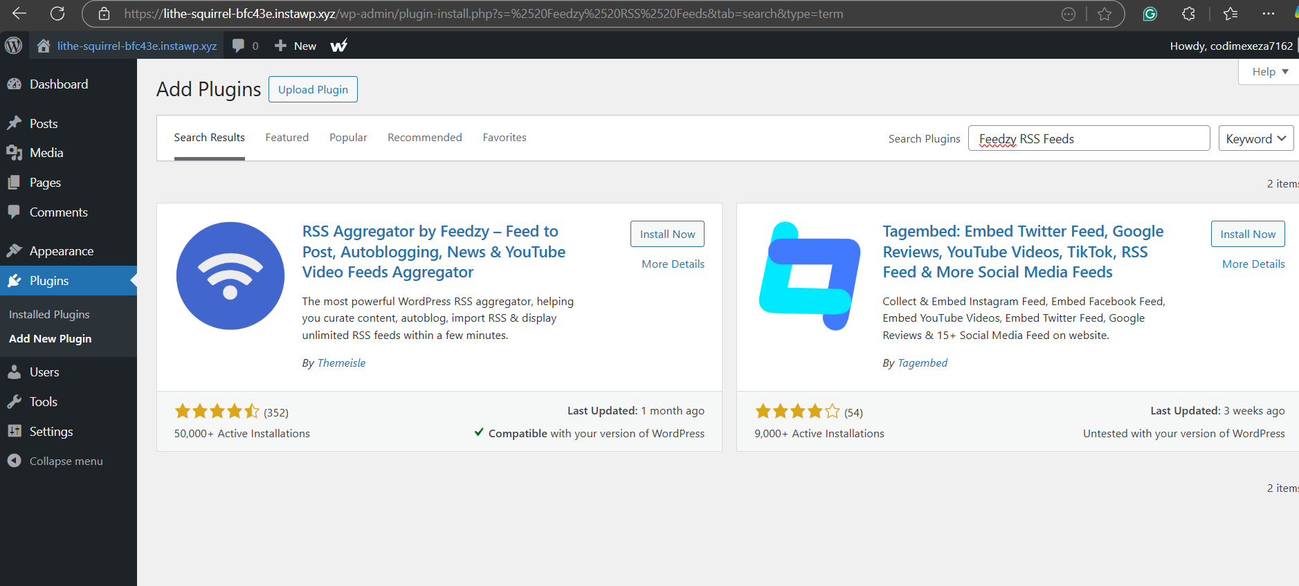Search for RSS Feed plugin to add RSS feed to the WordPress.