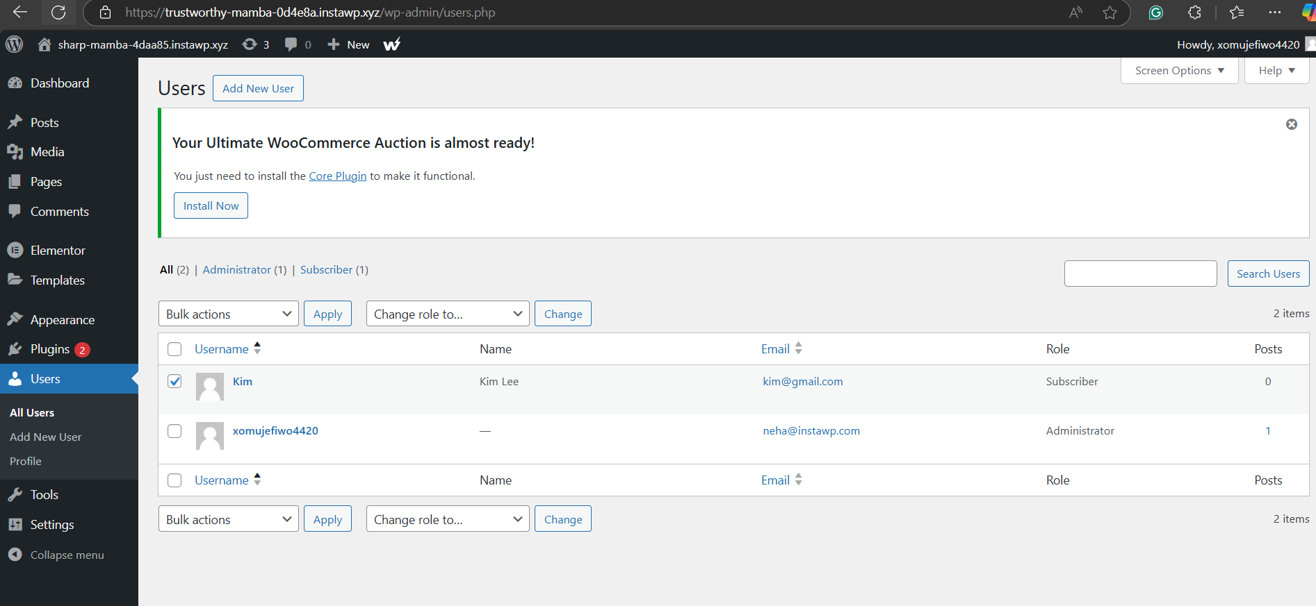 Select the user to edit the user role. 