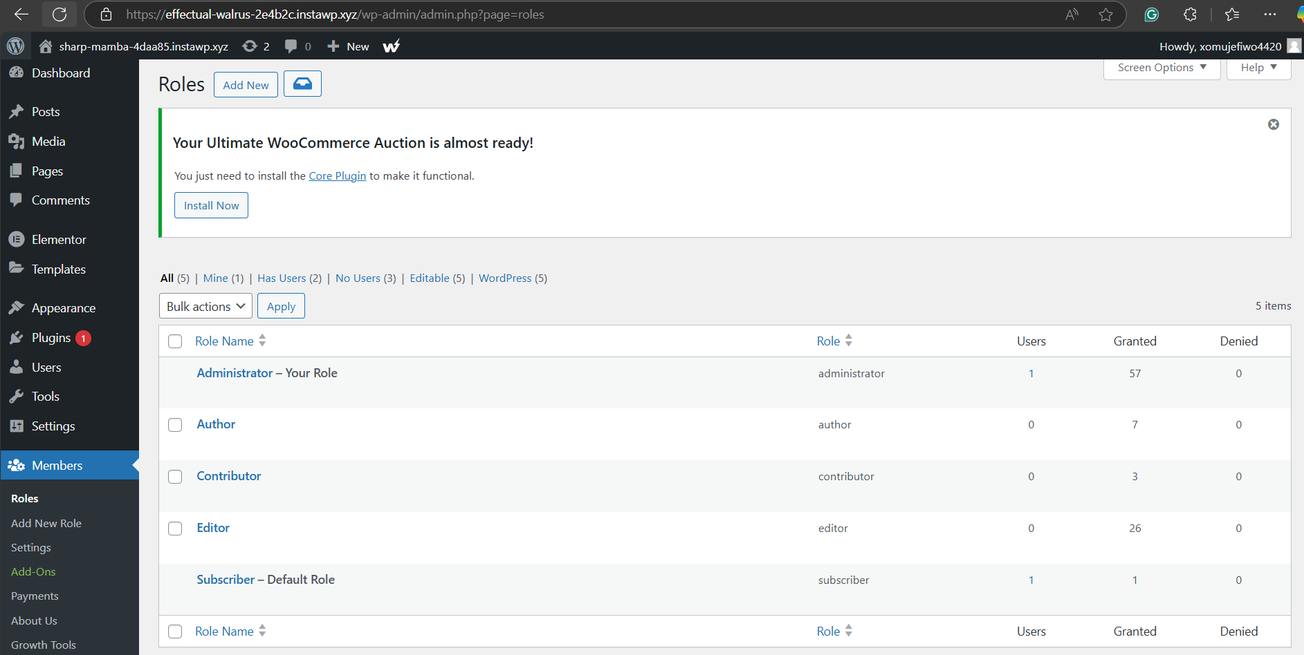 Select the user role on the user activity log plugin dashboard. 