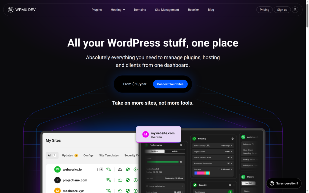 The WPMU DEV homepage showing The Hub, its dashboard for managing plugins, hosting and clients in one place