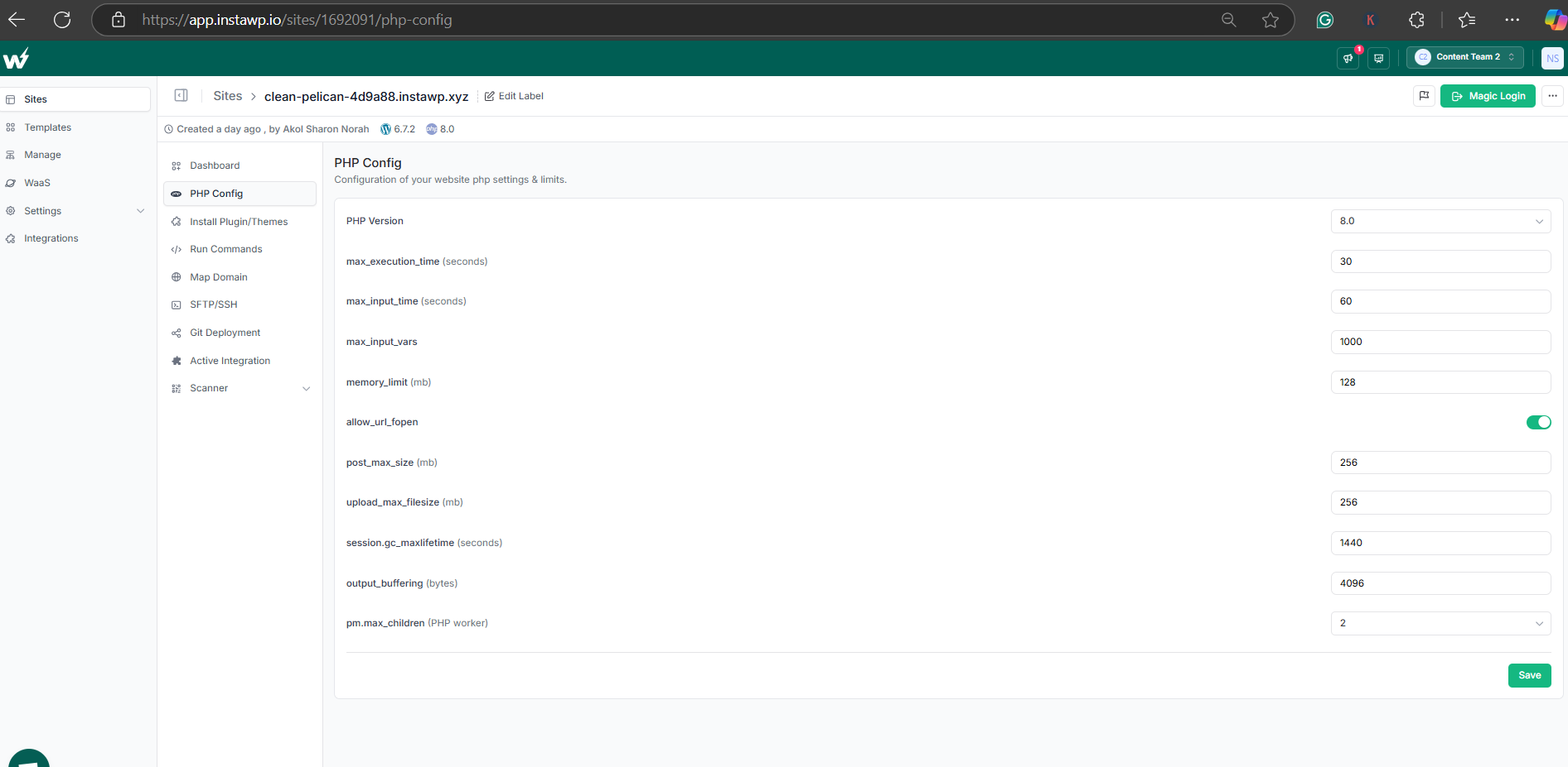 With InstaWP, you can modify PHP settings directly from the dashboard using the PHP Config Modifier, without needing SSH or FTP access.