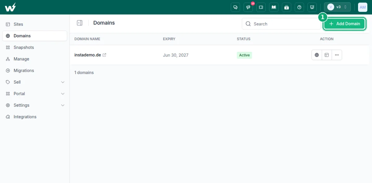 InstaWP dashboard Domains page with the plus Add Domain button in the top right, the starting point to transfer a domain name
