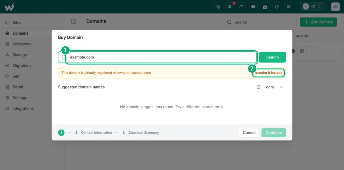 InstaWP Buy Domain dialog showing the message that the domain is already registered elsewhere with the Transfer it instead link to start a domain transfer
