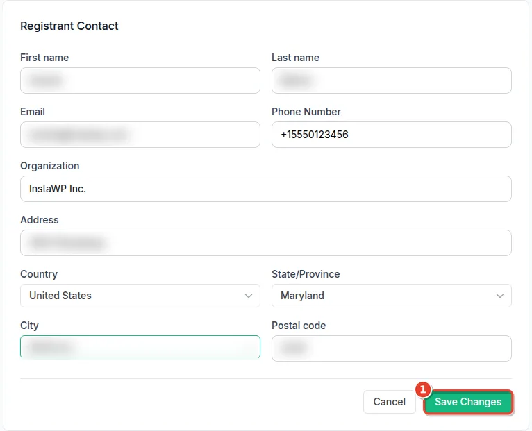 InstaWP registrant contact edit form used to confirm the domain owner name, email, phone and address that go into the WHOIS record during a domain transfer