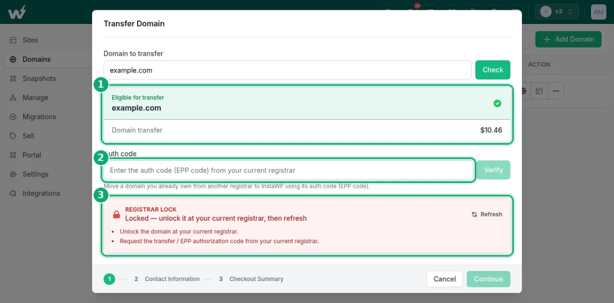 InstaWP Transfer Domain screen showing the eligible for transfer status, the one year transfer price, the EPP auth code field with Verify button, and the red registrar lock warning