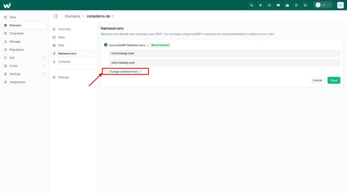 InstaWP nameservers screen where you replace the current nameservers to transfer a domain name to a new host without moving the registration