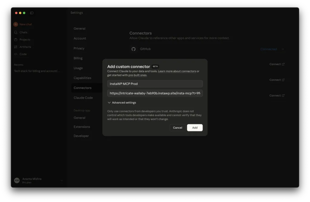 Pasting the InstaMCP connection URL into the Add custom connector dialog in Claude Desktop