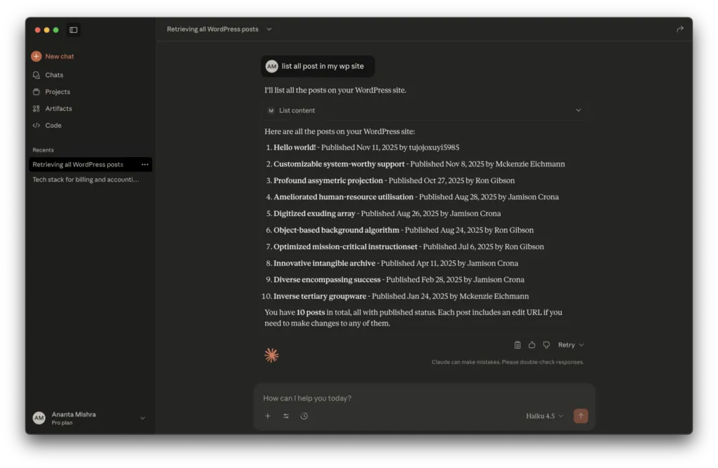 An AI assistant listing the InstaMCP tools available on the connected WordPress site