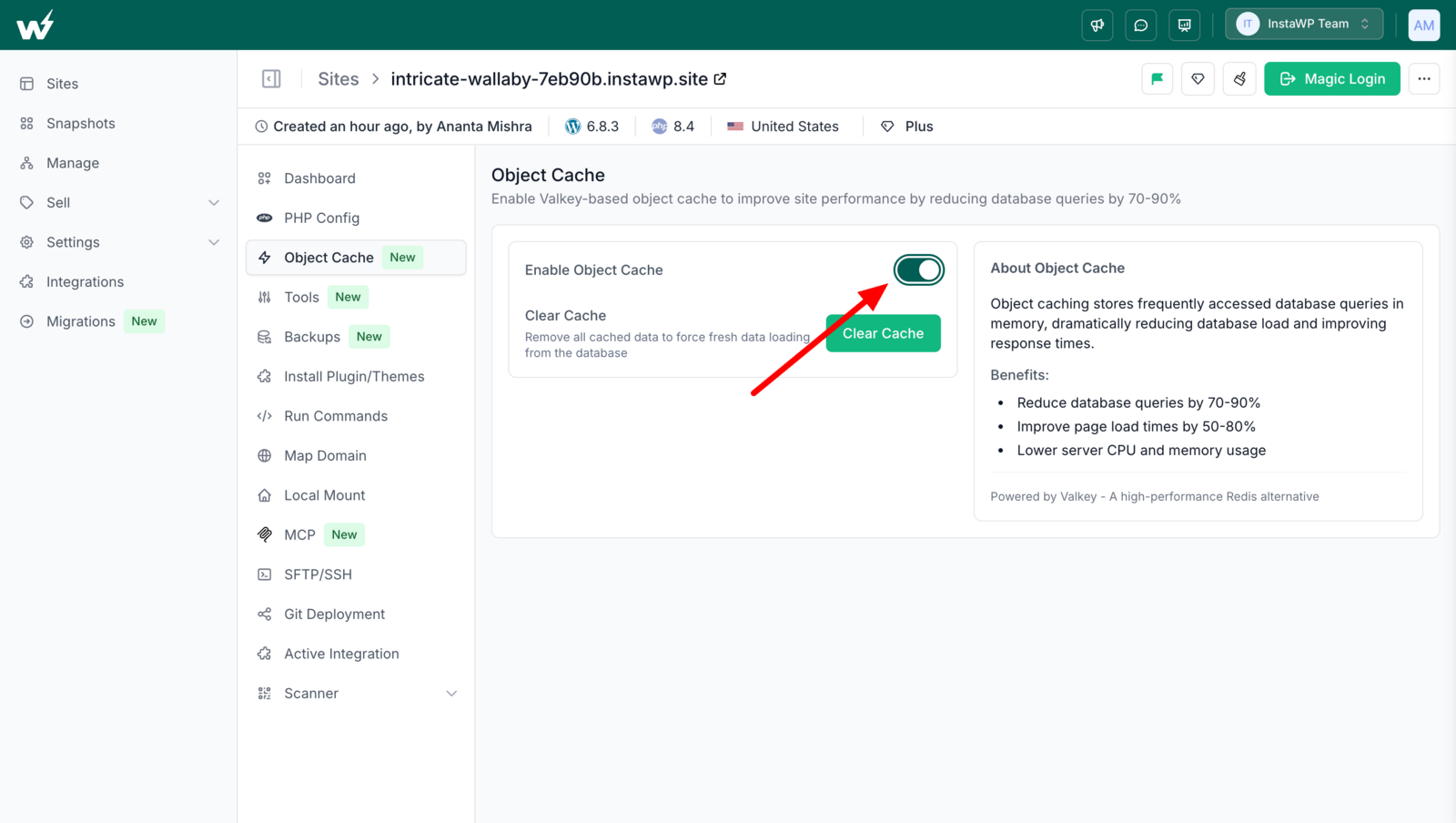 The Object Cache screen of a Plus plan site in InstaWP, with the Enable Object Cache toggle switched on and the Clear Cache button