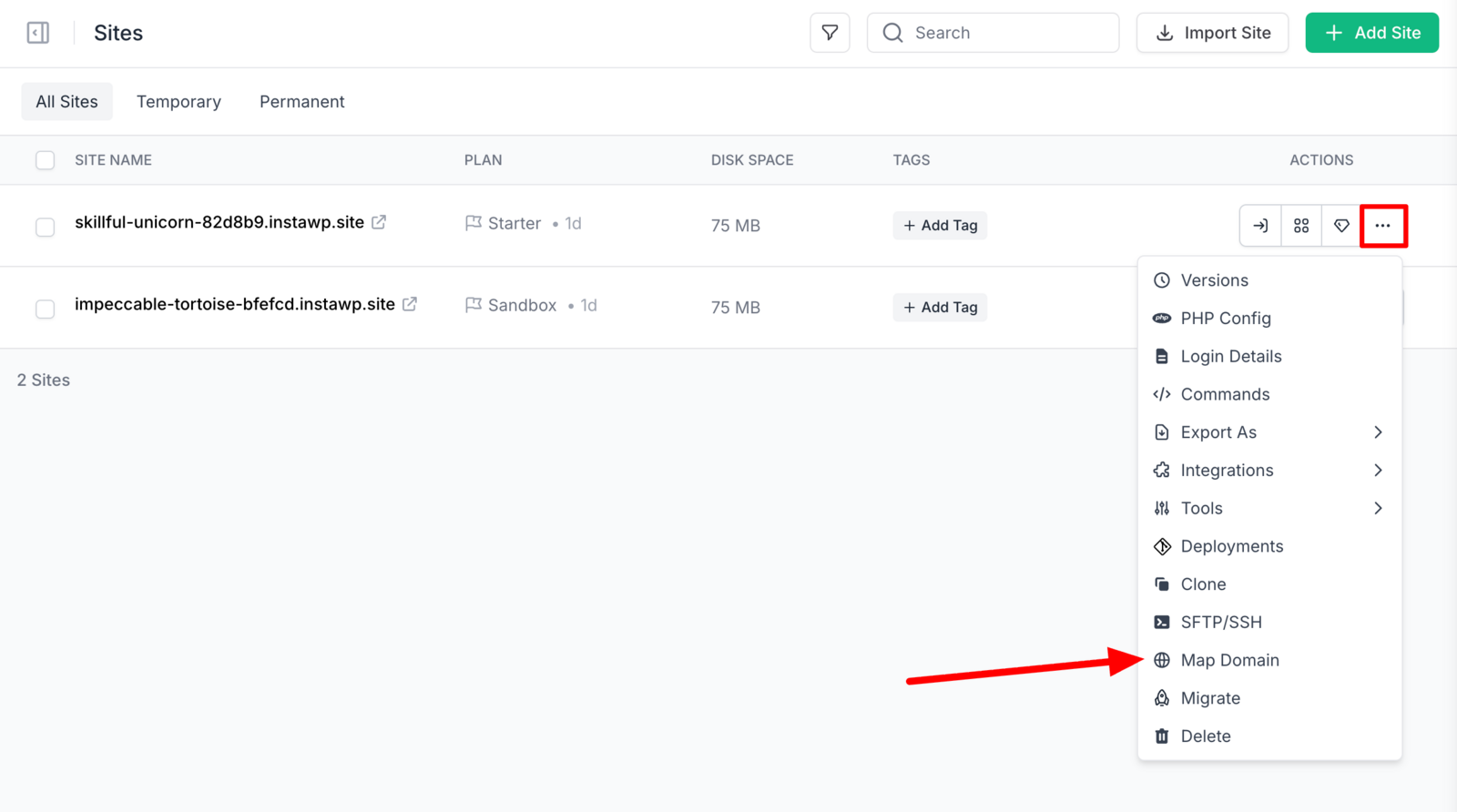 The InstaWP Sites list with a site actions menu open and Map Domain highlighted