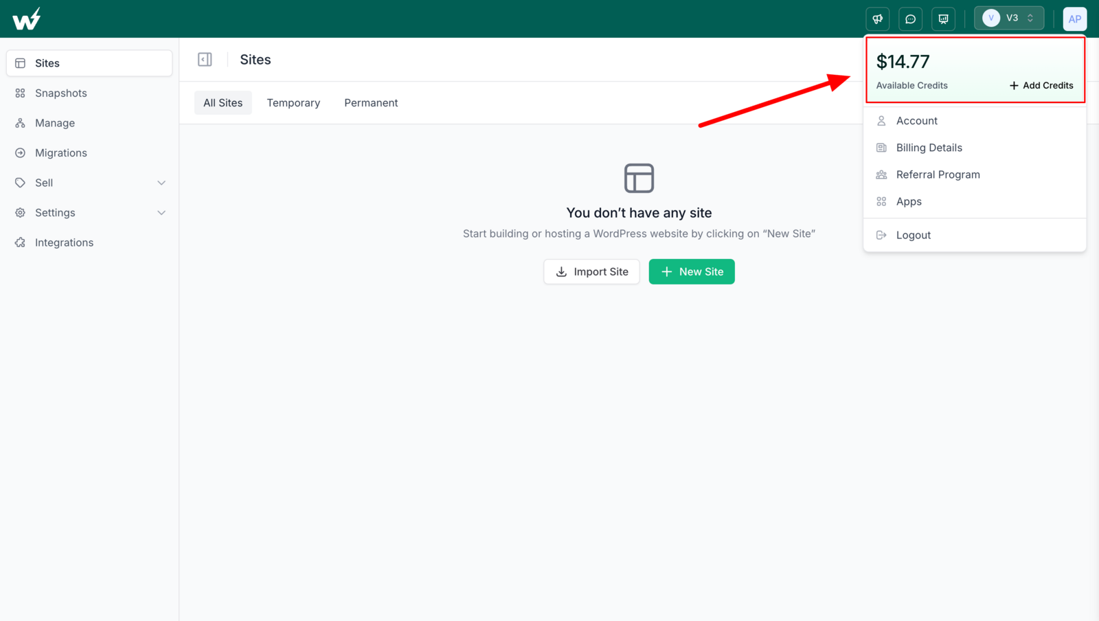 The InstaWP account menu open at the top right of the dashboard, showing the Available Credits balance and an Add Credits button above Account, Billing Details and Referral Program